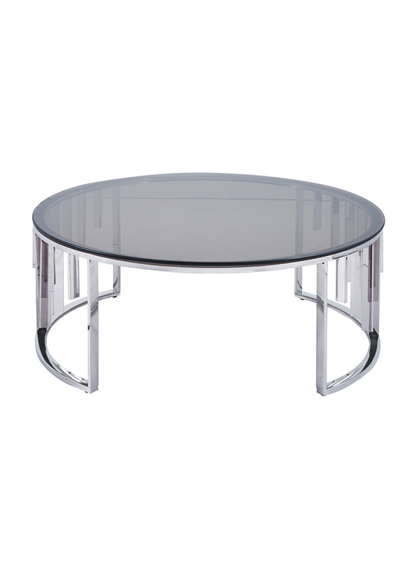 Vanity Living Tropea Round Coffee Table with Smoked Tempered Glass Top Centre and Gunmetal Stainless Steel Base, 97cm, Chrome