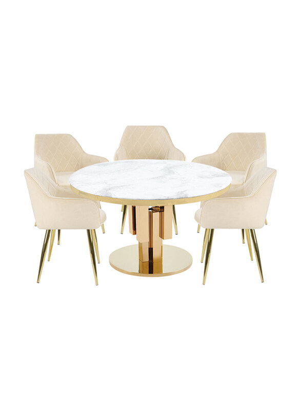 

Vanity Living Modern Marble Top and Metal Leg Dinner Table with 5 Velvet Chairs with for Kitchen & Dining Room, 5 Pieces, Multicolour