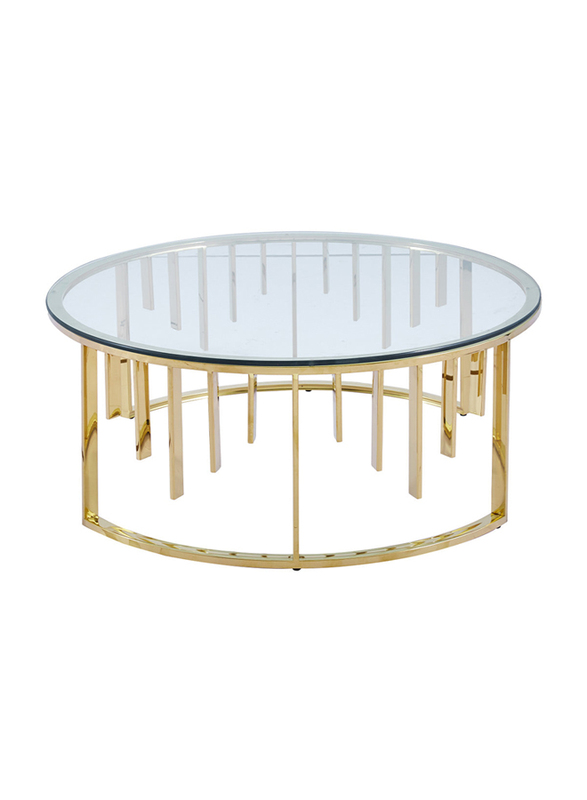 Vanity Living Tropea Round Coffee Table with Clear Tempered Glass Top Centre and Stainless Steel Base, 97cm, Gold