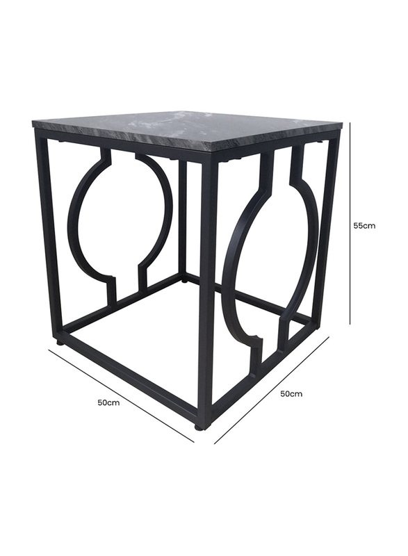 Vanity Living Side Table with Wooden Top Marble Textured End Design with Metal Base, Black