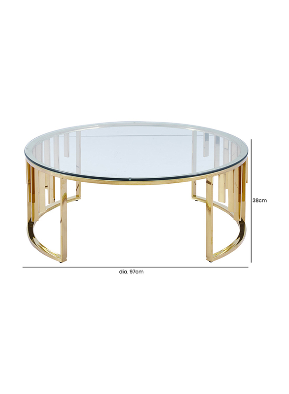 Vanity Living Tropea Round Coffee Table with Clear Tempered Glass Top Centre and Stainless Steel Base, 97cm, Gold