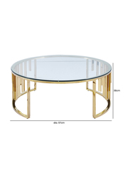 Vanity Living Tropea Round Coffee Table with Clear Tempered Glass Top Centre and Stainless Steel Base, 97cm, Gold