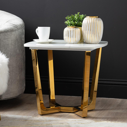 Vanity Living Capella Artificial White Marble Stone Top End with Gold Stainless Steel Base Side Table, Gold/White