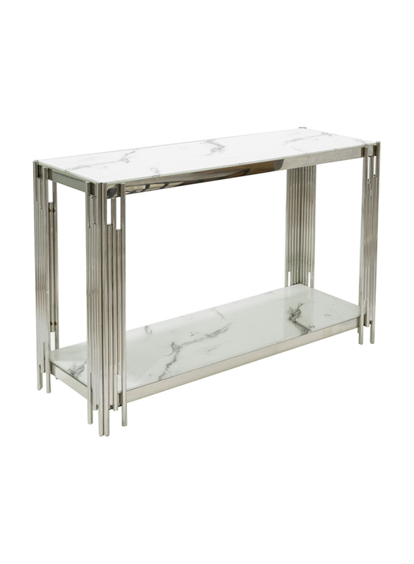 Vanity Living Console Table With Chrome Stainless Steel Base And Artificial White Marble Glass Top, White