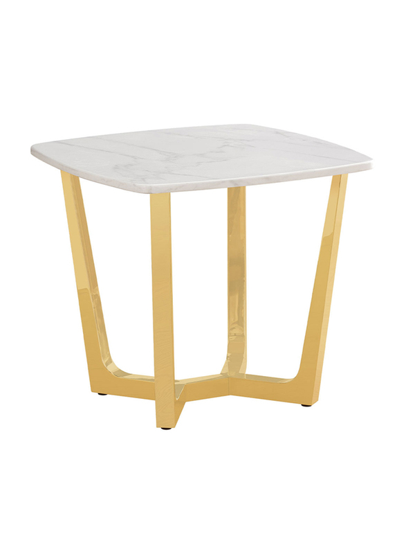 Vanity Living Capella Artificial White Marble Stone Top End with Gold Stainless Steel Base Side Table, Gold/White