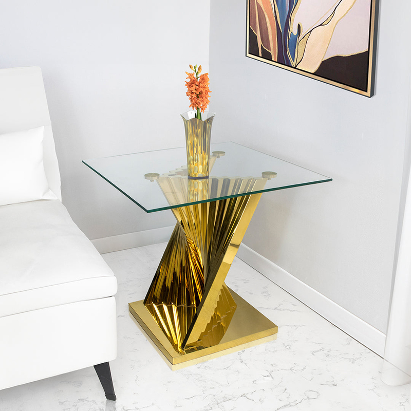 Vanity Living Side Table Tempered Glass Top End Table, Sofa Table With Stainless Steel Gold Base, Clear/Gold