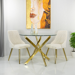 Modern Davos Gold Stainless Steel Frame Clear Glass Top Dinner Table with 2 Velvet Dining Chairs for Kitchen and Dining Room, 3 Pieces, Cream/Gold