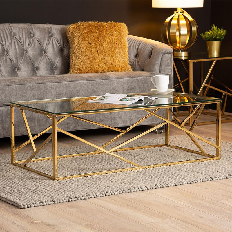 

Vanity Living Modern Tempered Glass Tabletop with Sturdy Stainless Steel Frame Coffee Table, 120cm, Gold