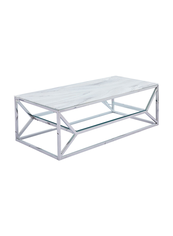 Vanity Living Rectangular Marble Glass Top Centre Coffee Table with Silver Stainless Steel Base for Living Room Furniture, Silver/White