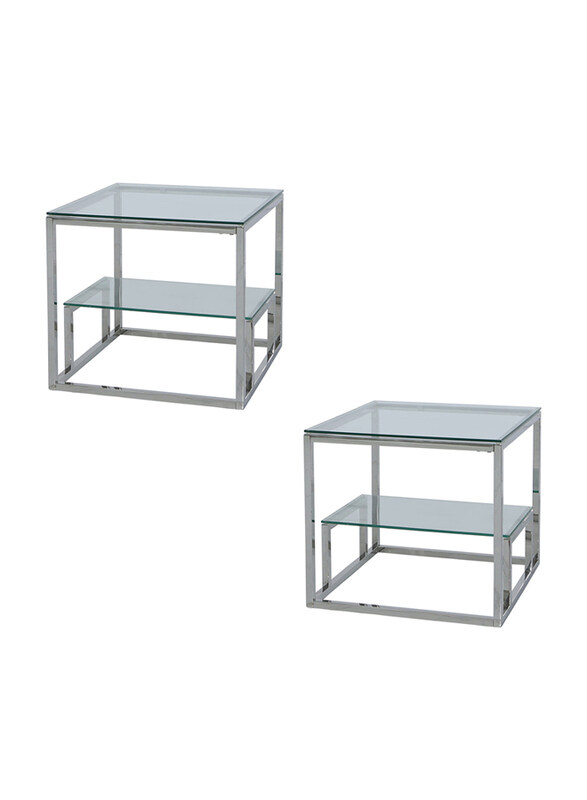 

Generic Sturdy Easy Assembly Simple Style 2 Tiered Metal Frame End Tables with 2 Glass Shelf for Living Room, 2 Pieces, Silver/Clear