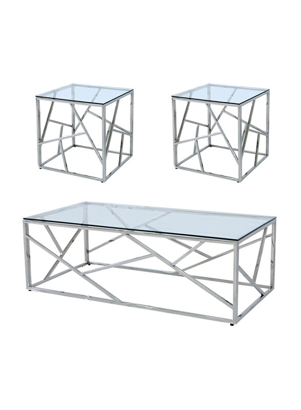 

Generic Sturdy Chrome Metal Frame Clear Tempered Glass Tabletop Coffee Table with 2 Side Tables, 3 Pieces, Clear/Chrome