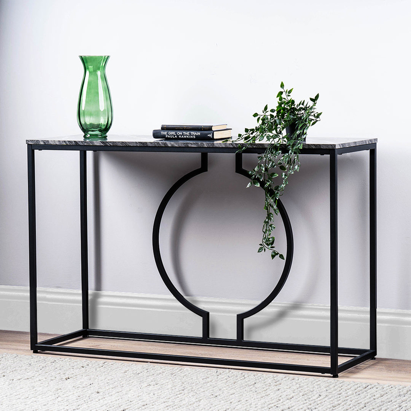 Vanity Living Metal Narrow Hallway Console Table with Marble Textured Mdf Top, 120cm, Black