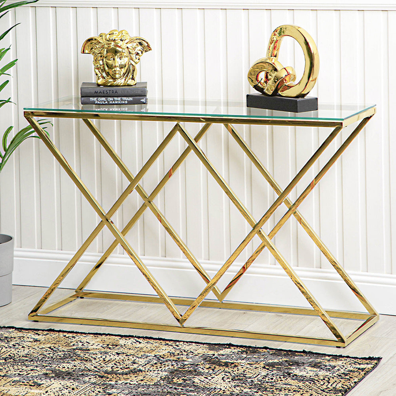 Vanity Living Porto Modern Tempered Glass Top with Sturdy Stainless Steel Frame Console Table, Gold