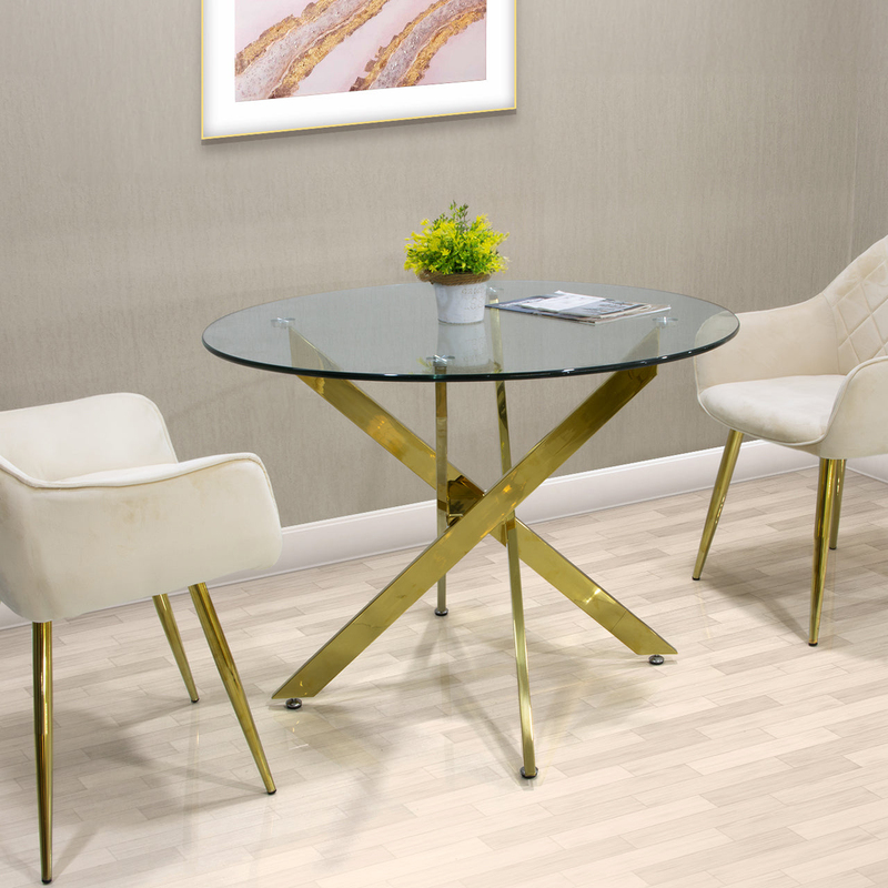 Clear Tempered Glass Top & Sturdy Stainless Steel Frame Round Dining Room Dinner Table, Gold