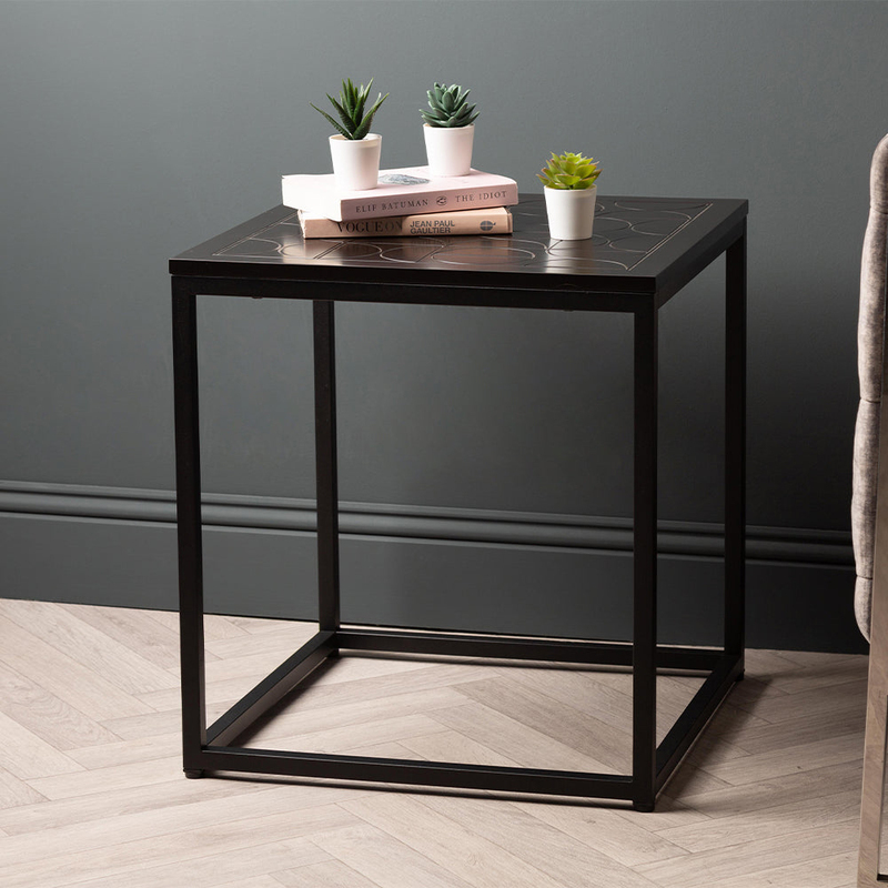 Vanity Living Bed Side Table with Semicircle Design Wooden Tabletop & Sturdy Metal Frame, Black