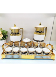 22-Piece Set Plastic Arabic Thermose with Tea Cawa Cups & Saucers Sugar Bowl with Tray, A243WG, Gold/White