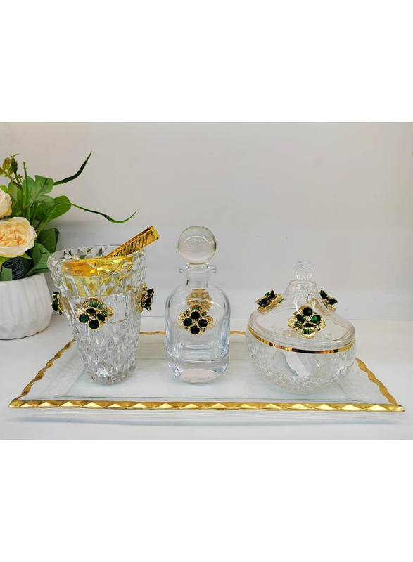 Damanhoor Beautifull Bakhoor Incense Burner Set, 4 Pieces, Clear/Gold