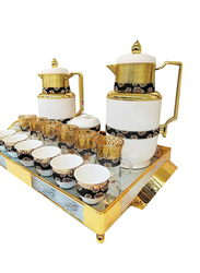 22-Piece Set Plastic Arabic Thermose with Tea Cawa Cups & Saucers Sugar Bowl with Tray, A243WG, Gold/White