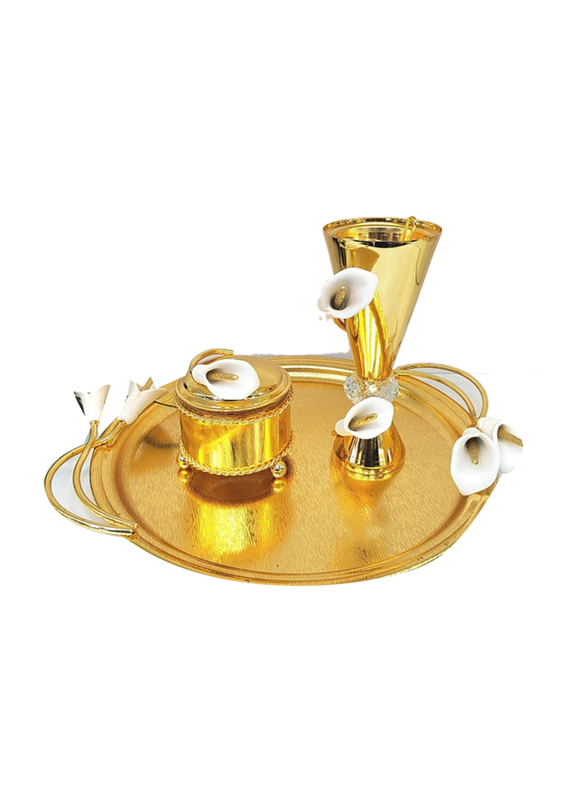 Damanhoor Decorative Design Incense Burner Ash Tray Flower Antique Design Shiny Bakhoor & Incense Burner Set, 3 Pieces, Gold