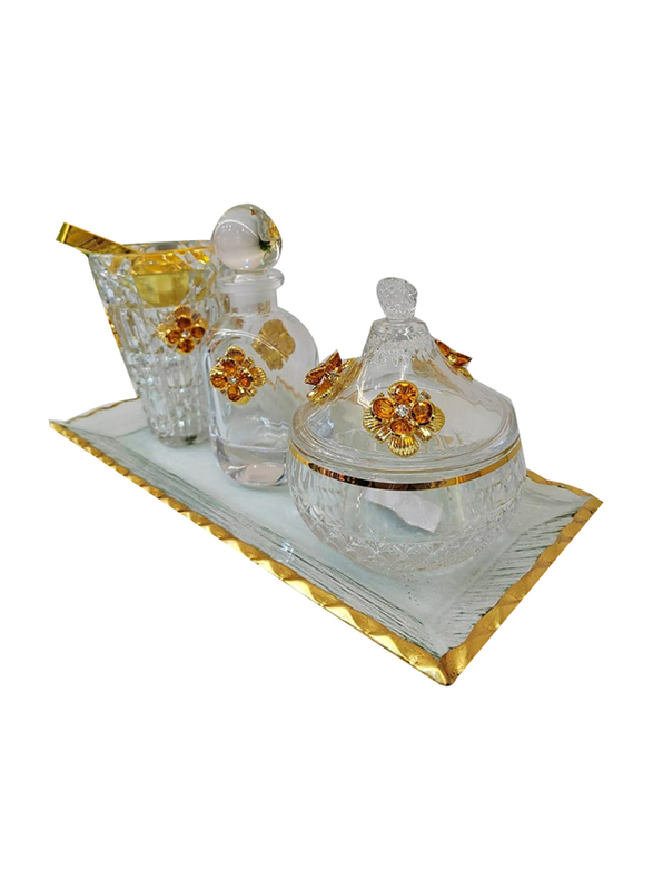 Damanhoor Beautifull Incense Bakhoor Burner Set, 4 Pieces, Clear/Gold