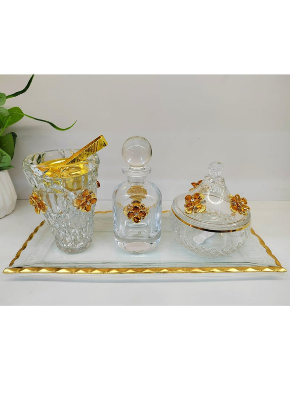 Damanhoor Beautifull Incense Bakhoor Burner Set, 4 Pieces, Clear/Gold