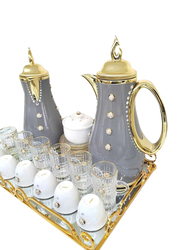 22-Piece Set Thermose with Tea Cawa Cups & Saucers Sugar Bowl with Tray, 258, Grey/Gold