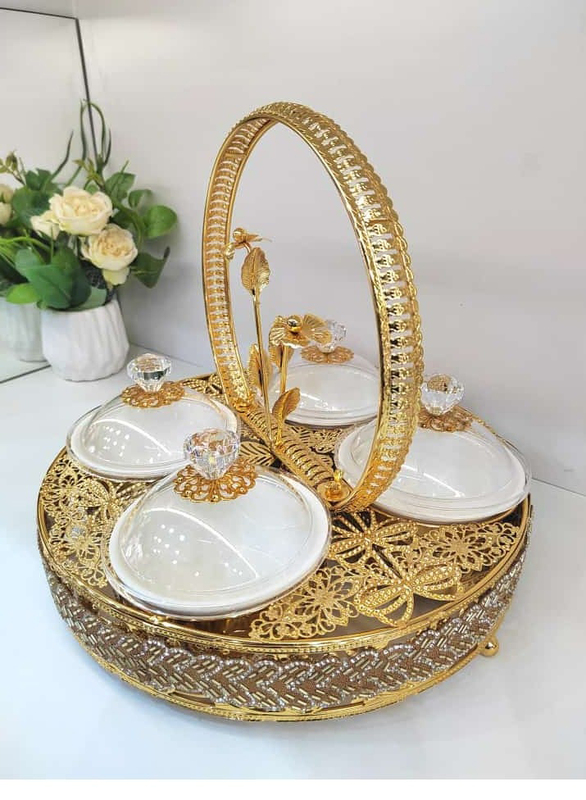 Nut and Candy Serving Tray Set, 0818, Gold/White