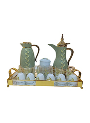 22-Piece Set Thermose with Tea Cawa Cups & Saucers Sugar Bowl with Tray, 257, Green/Gold