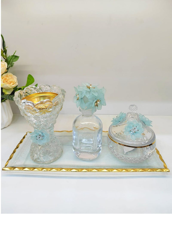 Incense Bakhoor Burner Set, 4 Pieces, Clear/Blue