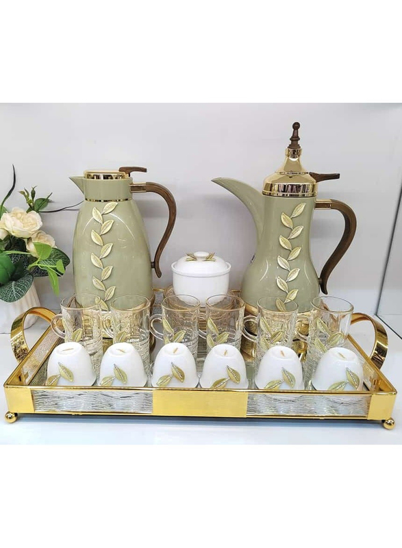 22-Piece Set Thermose with Tea Cawa Cups & Saucers Sugar Bowl with Tray, 257, Green/Gold