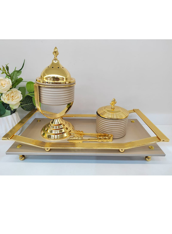 Damanhoor Decorative Design Golden Ash Tray Flower Antique Shiny Incense Bakhoor Burner Set, 4 Pieces, Beige