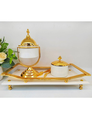 Damanhoor Decorative Design Golden Ash Tray Flower Antique Shiny Incense Bakhoor Burner Set, 4 Pieces, White