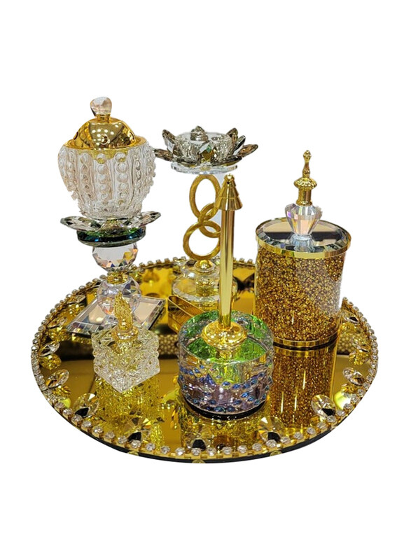 

Generic Damanhoor Decorative Handmade Flower Antique Design Incense Bakhoor Burner Set with Perfume Bottle Empty Golden Ash Tray, Multicolour