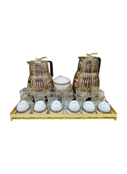 22-Piece Set Arabic Thermose with Tea Cawa Cups & Saucers Sugar Bowl with Tray, A255, Gold/White