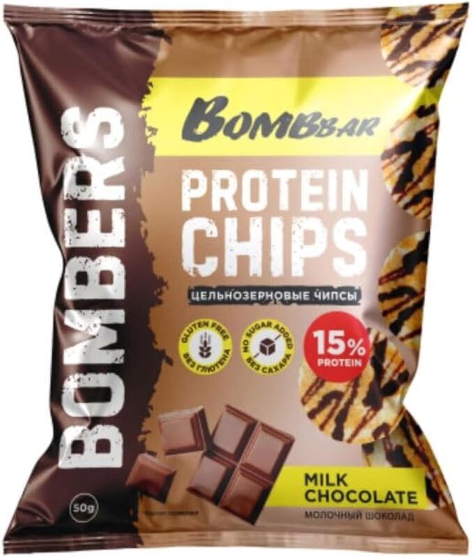 Bombbar Protein Chips Milk Chocolate Flavour 15g Protein Non GMO, Low Carb, 50g Each Pack of 3