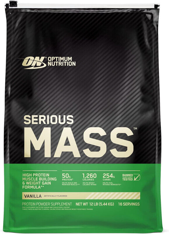 

Optimum Nutrition, Serious Mass, 50g Protein, Vanilla, 12 Lbs, 16 Servings