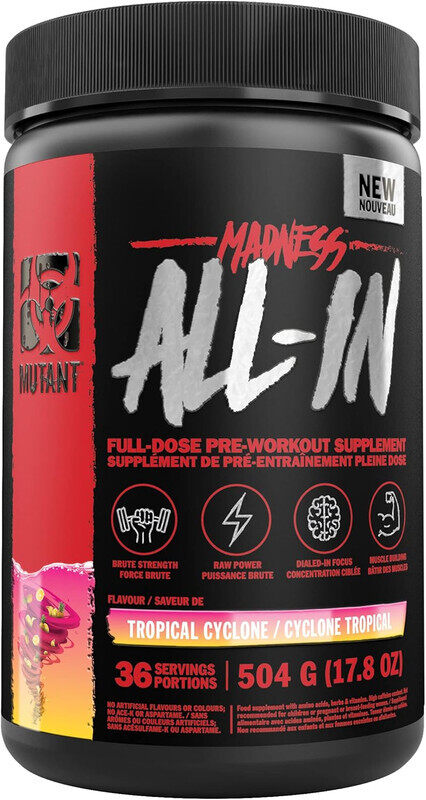 

Mutant, Madness, All-In-Full Dose Pre Workout, 504g, Tropical Cyclone, 36 Servings