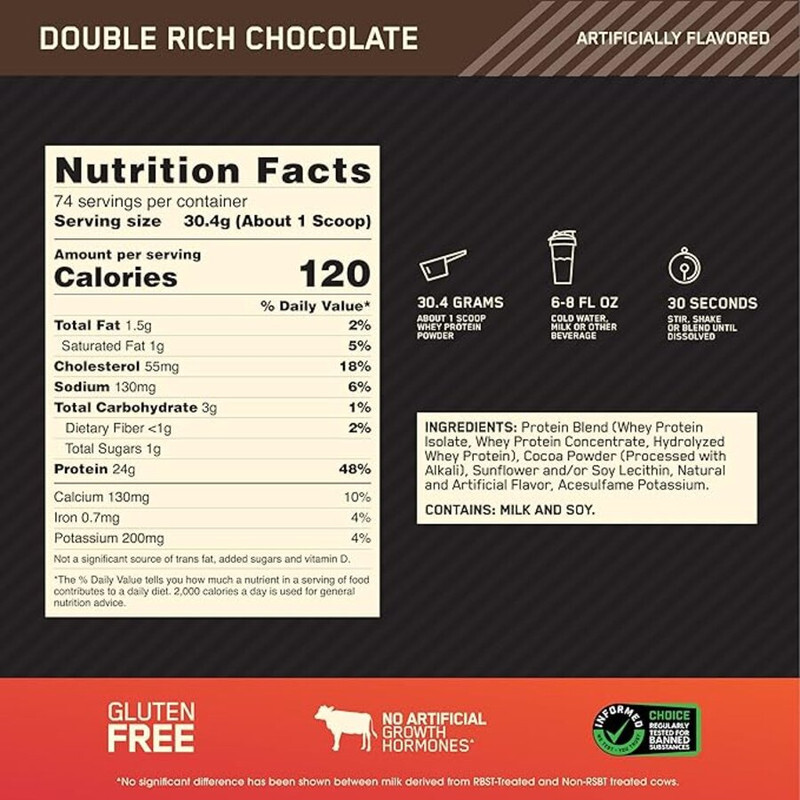 Optimum Nutrition, Gold Standard, 100% Whey Protein , 5LB, Double Rich Chocolate, 74 Servings