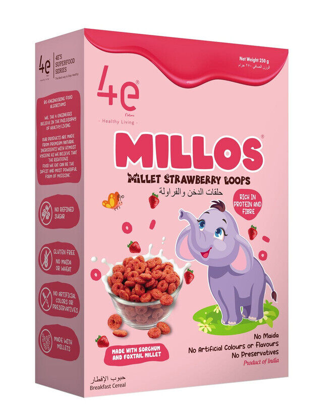 

4e Natura Millos Millet Strawberry Loops 250gm with Natural Strawberry Powder,Gluten Free, No preservatives, No Refined Sugar