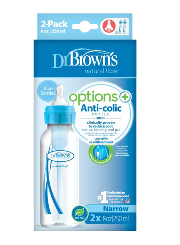Dr.Browns 2-Piece Options+ PP Narrow Neck Anti-Colic Baby Feeding Bottle Set, 250ml, Blue