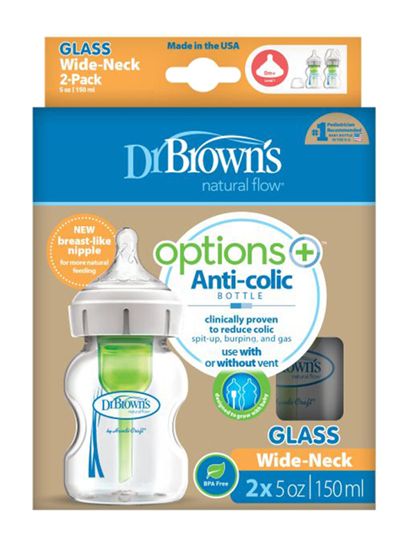 Dr.Browns 2-Piece Options+ Wide Neck Glass Baby Feeding Bottle, 150ml, Clear