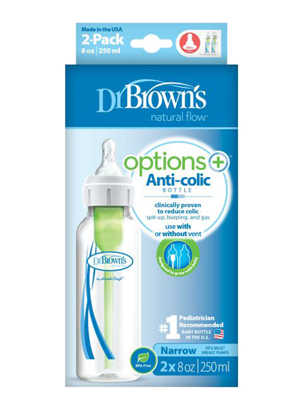 Dr.Browns 2-Piece Options+ PP Narrow Neck Anti-Colic Baby Feeding Bottle Set, 250ml, Clear