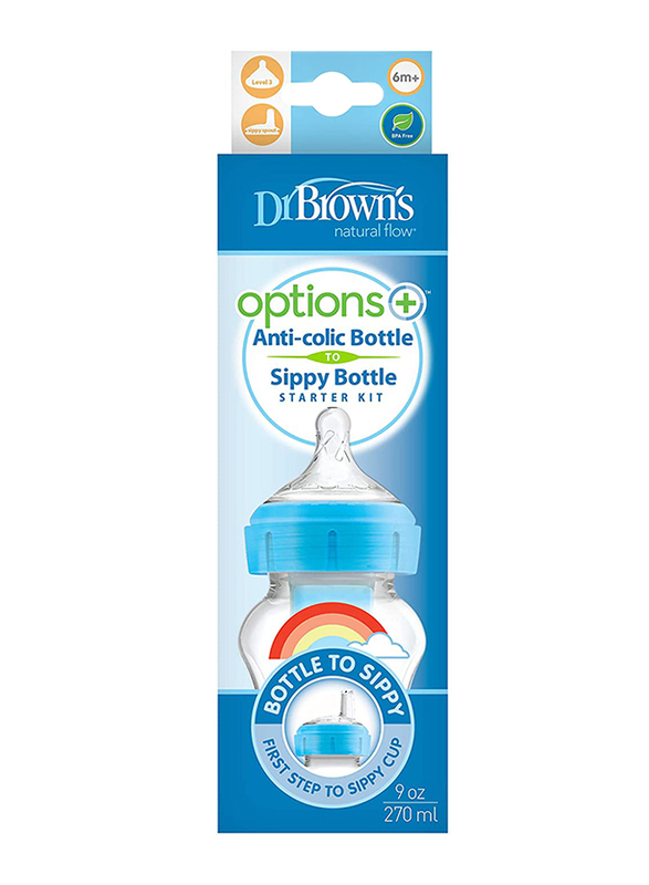 Dr. Browns Options+ PP Wide-Neck Bottle with Sippy Spout & Level 3 Nipple, 270ml, Rainbows, Blue