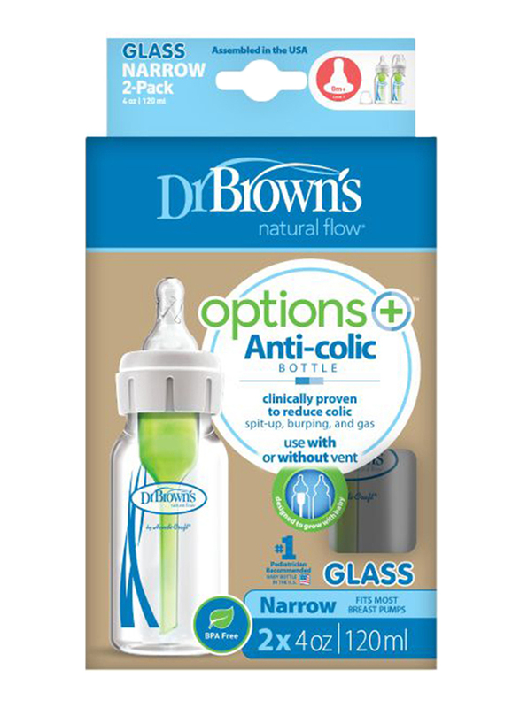 

Dr. Browns 2-Piece Options+ Narrow Anti-Colic Glass Bottle Set, 0+ Months, 120ml, Clear