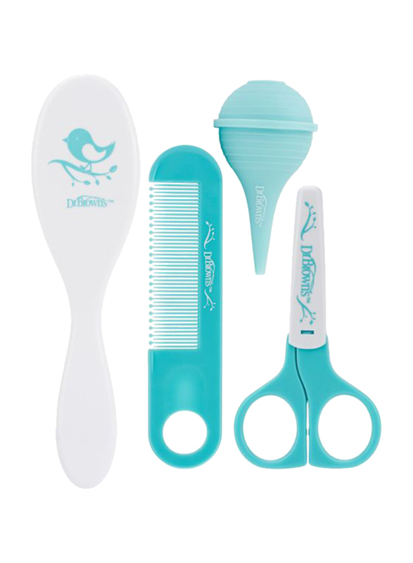 Dr. Browns 4-Piece Baby Care Kit, Brush, Comb, Nasal Aspirator, Nail Scissors, Blue/White