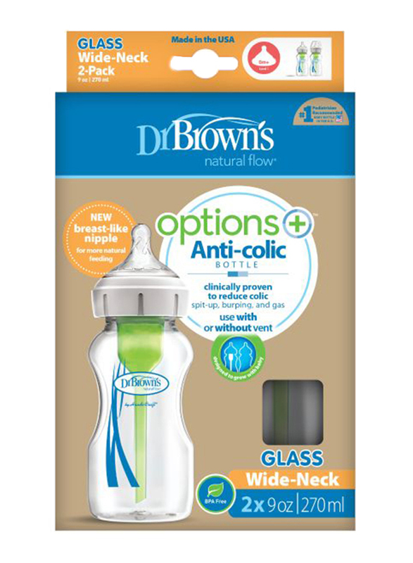 Dr. Browns 2-Piece Options+ Wide-Neck Glass Baby Feeding Bottle Set, 270ml, Clear