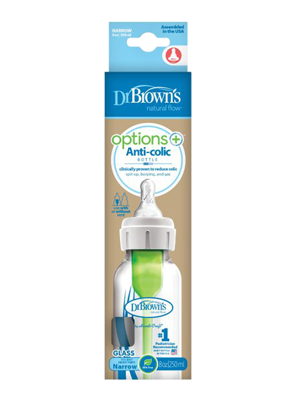 Dr. Browns Options+ Narrow Anti-Colic Glass Baby Feeding Bottle, 0+ Months, 250ml, Clear