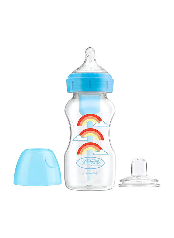 Dr. Browns Options+ PP Wide-Neck Bottle with Sippy Spout & Level 3 Nipple, 270ml, Rainbows, Blue