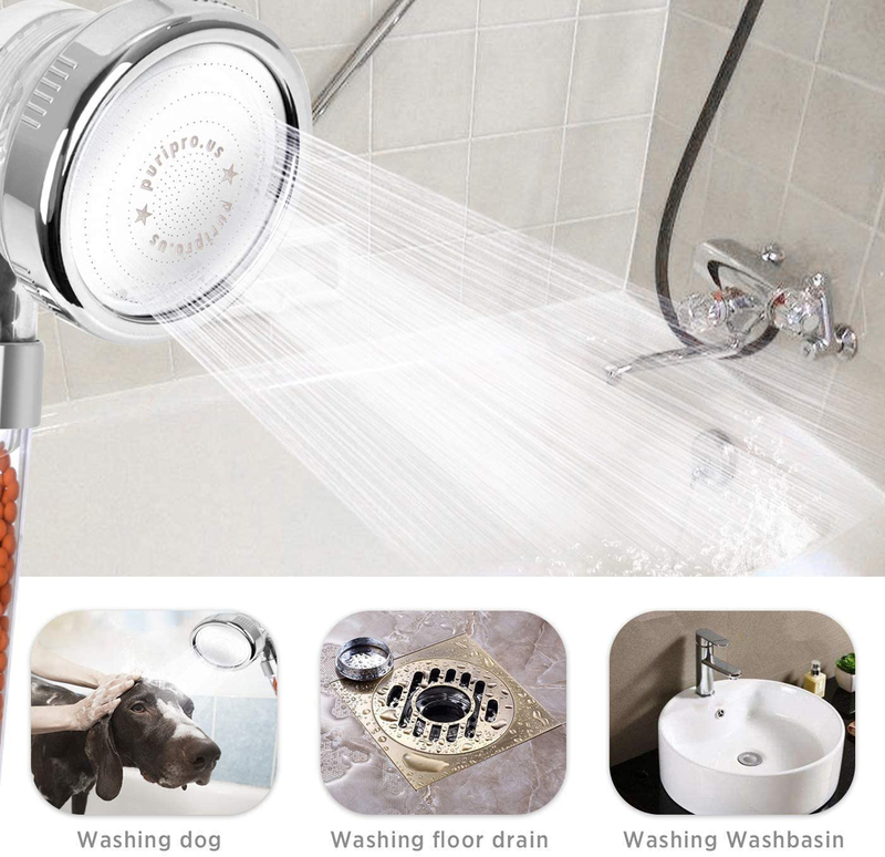 PuriPro Ionic Spa Shower Head with Three Functions Water Saving Pressure Booster, Silver/Clear