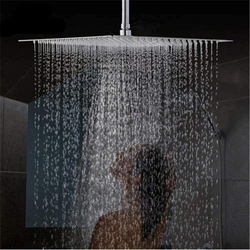 PuriPro 16-inch 316 Stainless Steel Square High Pressure Fixed Mounting Rain Shower Head with Silicone Nozzle, 1/2 inch Connector & 360 Degree Rotation, Silver